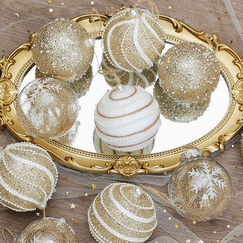Boules De Noël Décoration Champagne Blanc Flocon Renne Künstliche Perle Artificielle Toile De Jute Dentelle Plastique Mousse Suspendu