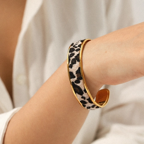 Leopard Muster Schmuck Offenes Armband Und Ring 18K Vergoldeter Edelstahl Retro Vintage Tiermuster Für Damen