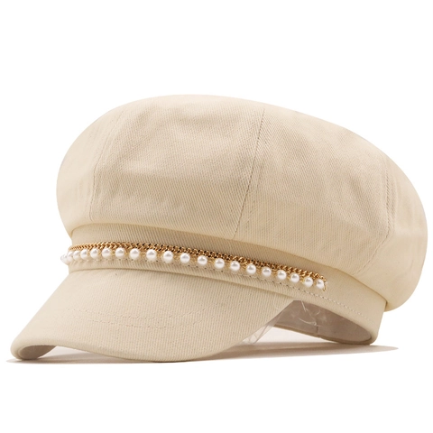 Gorra De Vendedor De Periódicos Para Mujer Decoración Cadena Perla Artificial Dorada Sombrero Octogonal Retro Moda Algodón Color Sólido
