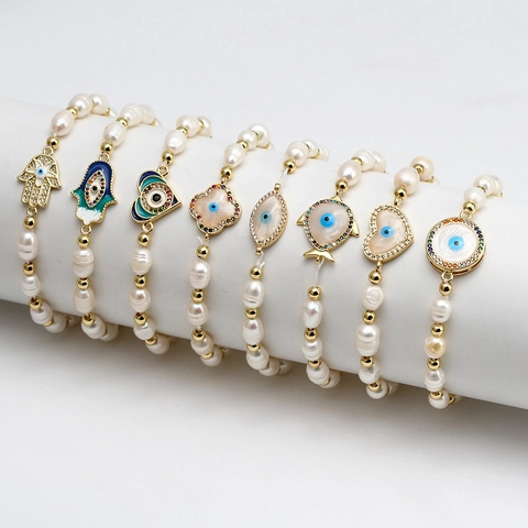 Barock Süßwasserperlen Armband Mit Evil Eye Hamsa Hand Anhänger Zirkon Perlen Schmuck Für Damen Glücksgeschenk Boho Stil