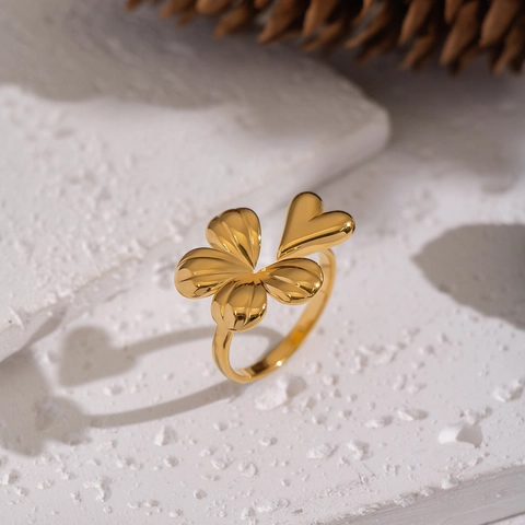 Stainless Steel Adjustable Open Ring 18K Gold Plated Clover Petal Heart Shape Waterproof Sweet Jewelry For Women Girls