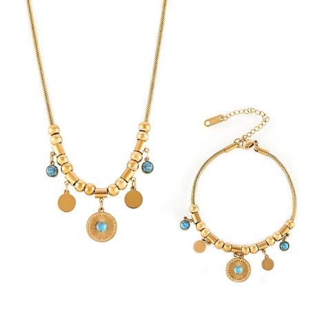 Ensemble de Bijoux Pendentif Rond Turquoise en Acier Inoxydable Plaqué Or Vintage Collier Bracelet pour Femmes