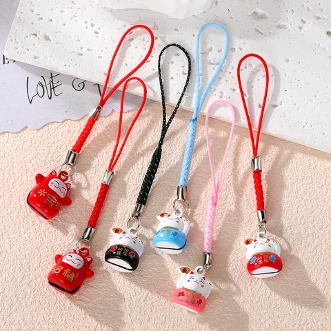 Lucky Cat Maneki-Neko Bell Pendant Metal Alloy Dripping Oil Japanese Style Phone Strap Bag Charm Cartoon Fortune Accessory