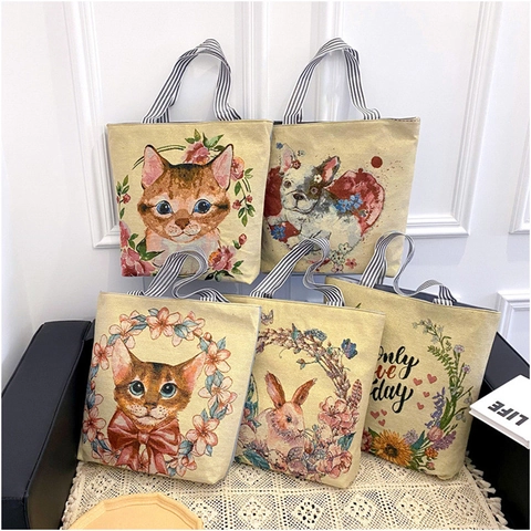 Canvas Tote Bag Women Animal Embroidery Floral Large Capacity Casual Shoulder Handbag Striped Strap Zipper Cotton Linen