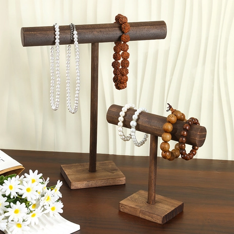 Retro Solid Wood Jewelry Display Holder Walnut Brown Organizer For Necklace Earring Bracelet And Ring Tray Home Showcase