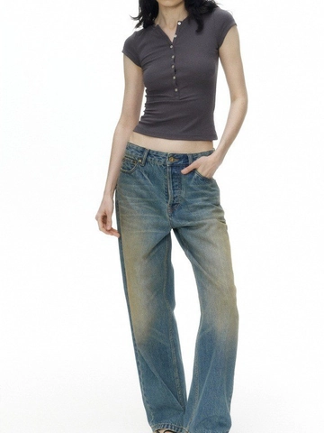 Women's Short Sleeve Henley T-Shirt Ribbed Knit Slim Fit Button Up Cropped Top American Vintage
