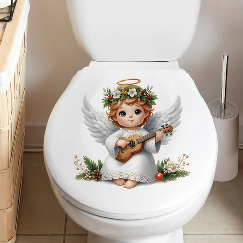Christmas Cartoon Angel Toilet Lid Stickers Removable PVC Decal For Bathroom Window Wall Decoration Cute Religious