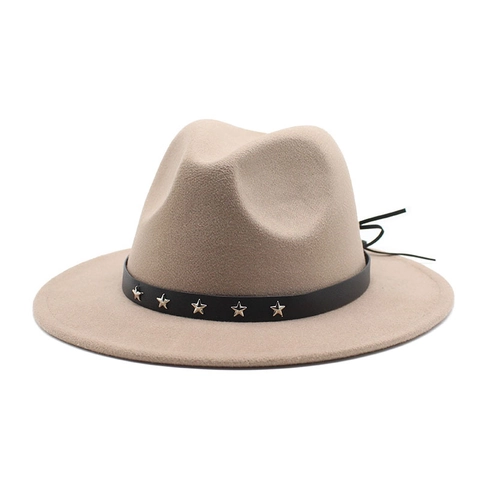 Wide Brim Fedora Hat Wool Felt Style Star Rivets Punk Retro Jazz Cap For Women And Men Belt Decoration Solid Color