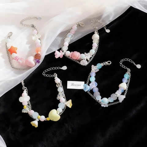 Pulsera De Corazón De Doble Capa Dulce De Moda Para Mujer Aleación Diamantes De Imitación Cuentas Trasparentes Ajustable Joyería