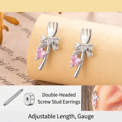 Cute Fork Bow Heart Zircon Ear Stud Earring Titanium Steel Screw Back Niche Design Piercing Jewelry For Women