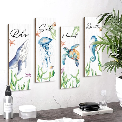 Nautical Wood Bathroom Wall Decor Whale Jellyfish Turtle Seahorse Ocean Theme Modern Minimalist Decorative Hanging Signs Home Wall Art