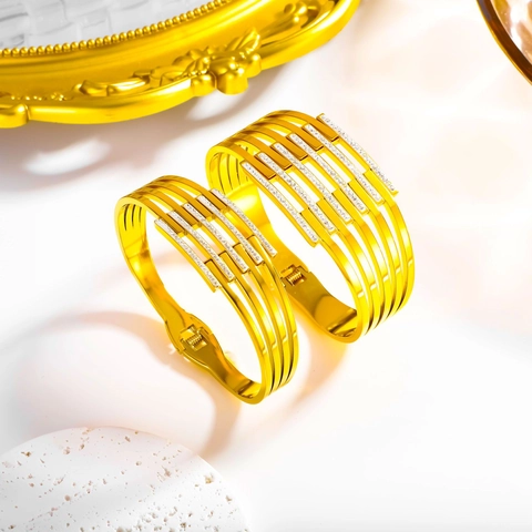 Stainless Steel Hollow Geometric Line Rhinestone Spring Open Bangle Gold Plated Pave Rhinestone Bangle Bracelet For Women Jewelry