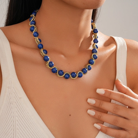 Collar Retro De Cuentas De Piedra Azul Con Cadena De Cuerda Dorada Joyería Elegante Para Mujer