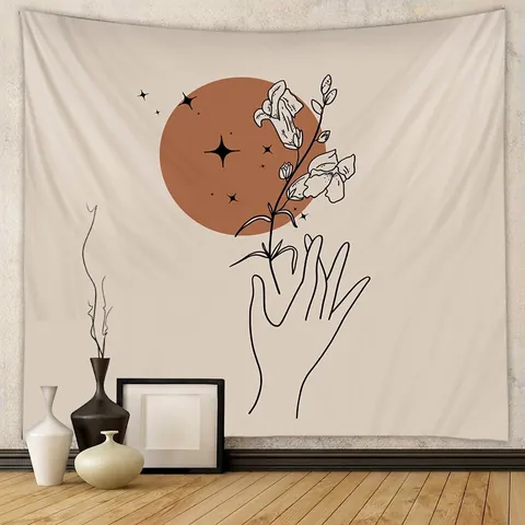 Arazzo D'arte Minimalista In Polieatere Da Parete Bohemio Mano Che Tiene Un Fiore Motivo Sole Stella Per Camera Da Letto
