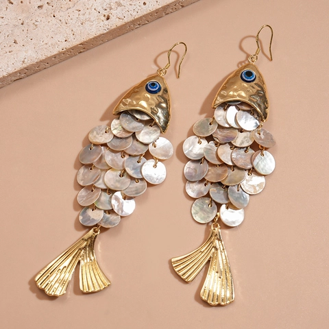 Boucles D'oreilles Poisson En Coquille Avec Alliage Et Tige En Acier Inoxydable Mauvais Oeil Bleu Style Vacances De Plage