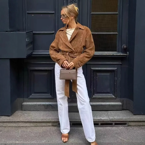 Suede Jacket Women Faux Suede Lapel Collar Belted Waist Short Solid Color Fashion Commuter Outerwear Fall Winter