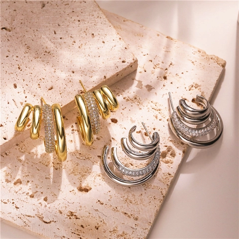 C-Vormige Meerlaagse Multi-Hoop Oorbellen Koper Met Zirkonia En 925 Sterling Zilveren Oorpunt Mode Sieraden