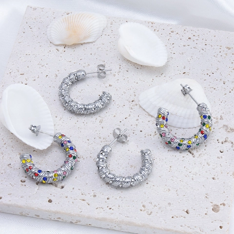 Stainless Steel U-Shaped Hoop Earrings 18K Gold Plated Inlaid Rhinestone Geometric Stud Earrings For Women Wedding Jewelry