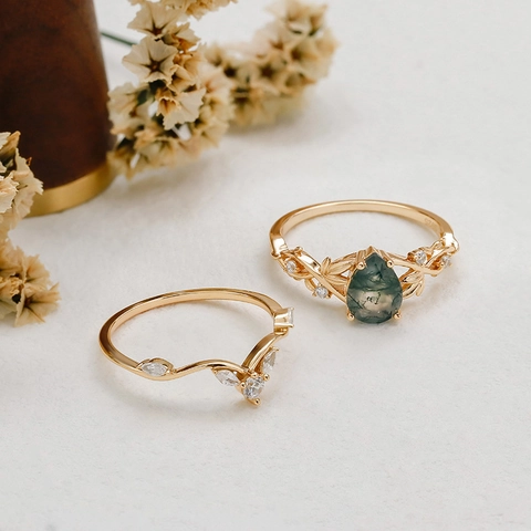 S925 Sterling Silver Stackable Ring Set Pear Shaped Moss Agate Alexandrite Zircon Vine Leaf Vintage Natural Jewelry For Women
