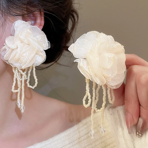 Chiffon Blume Lange Quasten Ohrringe Mit Silber Ohrstecker Perlen Wassertropfen Elegant Fee Damen