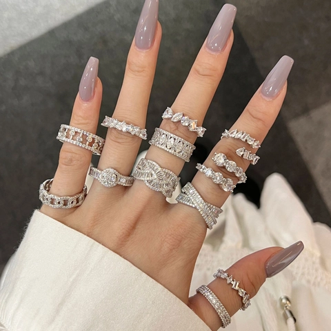 925 Sterling Silver Ring Women Luxury Eternity Band Multi Shape Zircon Sparkly Wedding Jewelry Stackable Finger Ornament