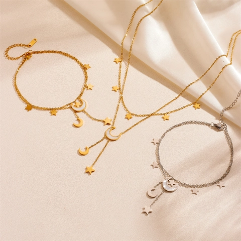Double Layer Heart Star Moon Necklace Anklet Jewelry 18K Gold Plated Stainless Steel Mother Of Artificial Pearl Inlay For Women