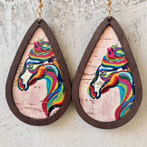 Orecchini Pendenti A Goccia In Legno Cowboy Western Cactus Cavallo Modello Pelle PU Etnico Retro Gioielli Per Donna