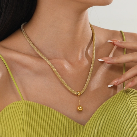 Minimalist Stainless Steel Woven Mesh Chain Necklace With Double Ball Pendants Gold Plated Geometric Jewelry For Women