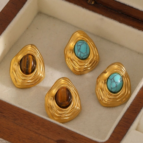 Retro Geometric Stainless Steel Stud Earrings Irregular Wrinkled Texture Natural Stone Inlaid Artistic Jewelry For Women