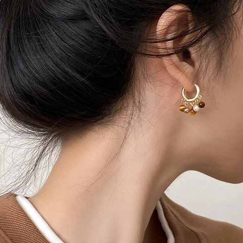 Pendientes De Aro Con Piedra Ojo De Tigre Y Perla Artificial Bañados En Oro De 18 Quilates Vintage Retro Elegantes Para Mujer