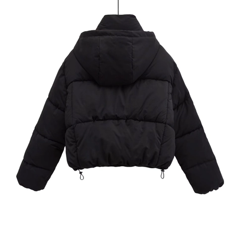 Women Short Puffer Jacket Hooded Cotton Padded Coat Solid Color Long Sleeve Casual Windproof Warm Outerwear