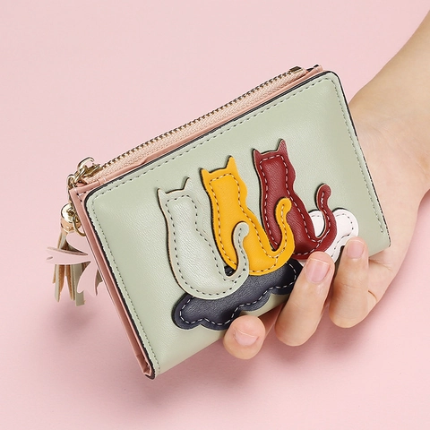 Women Short Wallet PU Leather Cute Cat Patch Tassel Bow Multi Card Slots Zipper Coin Purse Bifold Small Money Clip
