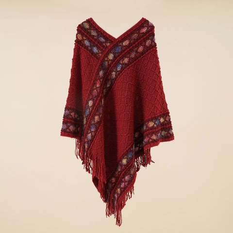 Poncho In Maglia Da Donna Scialle Pullover Motivo Geometrico Argyle Nappe Frange Etnico Boho Mantella Calda