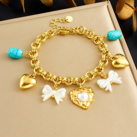 Gold Plated Stainless Steel Multi Charm Bracelet With Heart Bow Faux Artificial Pearl And Turquoise Beads Chunky Chain For Women