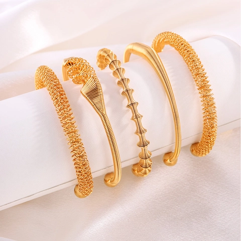 Stainless Steel Bracelet Women Spiral Spring Texture Open Cuff Bangle Ball Ends Retro Irregular Jewelry 18K Gold Plated