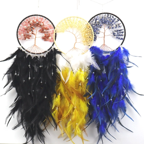 Tree Of Life Dream Catcher Handmade Crystal Stone Feather Beads Hanging Ornament Bohemian Home Wall Decor Bedroom Gift