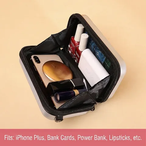 Mini Suitcase Shape Crossbody Bag Hard Shell Textured Portable Travel Shoulder Bag For Women Wide Letter Print Strap