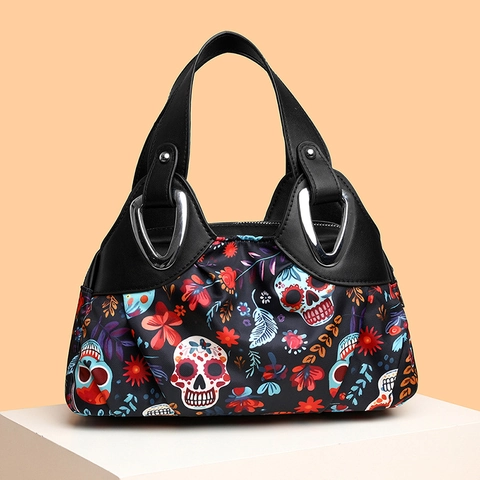 Women's Sugar Skull Floral Print Handbag Ethnic Fabric Spliced PU Leather Tote Bag For Halloween Day Of The Dead Party