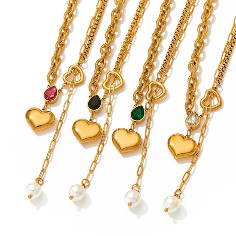 Herz Anhänger Halskette Edelstahl Zirkon Wassertropfen Kunstperle Asymmetrische Gemischte Kette Mode Schmuck Für Damen
