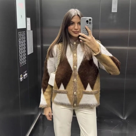 Cardigan In Maglia Da Donna Maglione Retro Francese Blocchi Di Colore Soffice Manica Lunga Bottone Oro