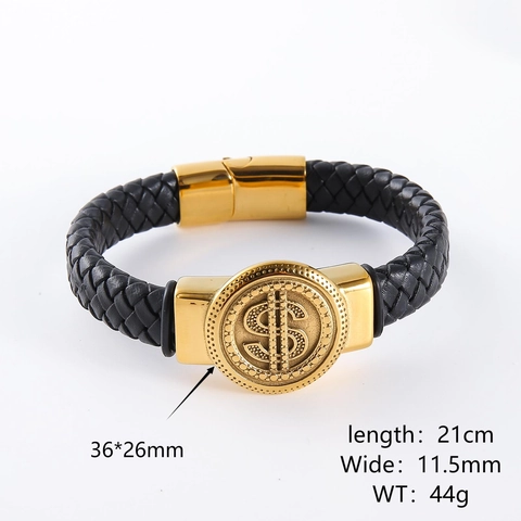 Bracciale In Pelle Intrecciata Da Uomo Con Segno Del Dollaro In Oro Acciaio Inossidabile Chiusura Magnetica Gioielli Hip Hop