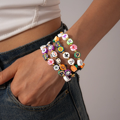 Halloween Perlenarmband Polymer Ton Kürbis Geist Totenkopf Legierung Perlen Elastisch Party Schmuck Für Damen Mädchen