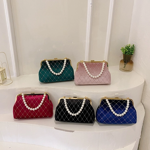 Velvet Evening Bag Rhinestone Diamond Lattice Artificial Pearl Handle Vintage Banquet Party Handbag Crossbody With Gold Chain Clasp