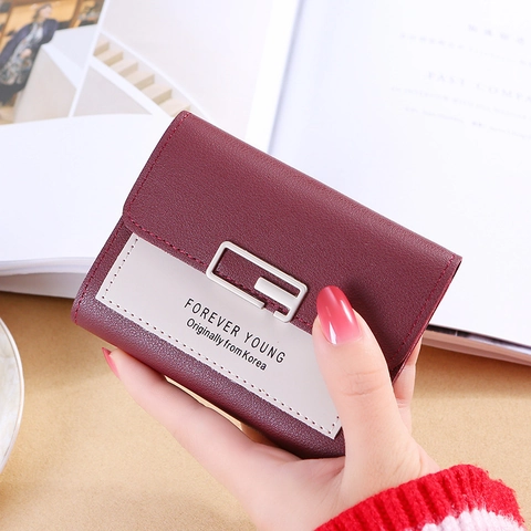 Women Short Wallet PU Leather Tri-fold Card Holder Contrast Color Korean Style Compact Purse For Students Girls