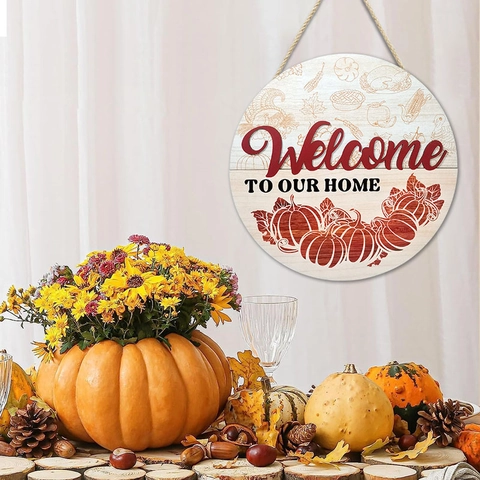 Bienvenido A Nuestro Hogar Letrero Redondo De Madera Puerta Principal Placa Colgante Calabaza De Otoño Decoración De Pared Rústica