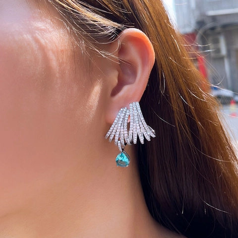 Elegante Westerse Luxe Koperen Blauwe Zirconia Hangende Oorbellen Met 925 Sterling Zilver Stift Voor Vrouwen Bruiloft Sieraden
