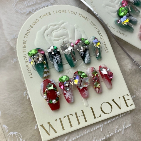 Handgefertigte Weihnachten Press On Nails Lange Coffin Rot Grün Künstliche Nägel Mit Strass Künstliche Perlen Schneeflocken Designs