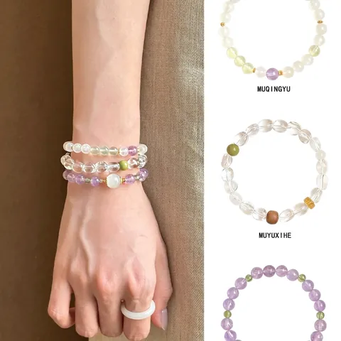 Amethyst And Green Stone Beaded Bracelet Elastic Crystal Round Beads Jewelry With Gold Tone Alloy Spacers For Women Elegant