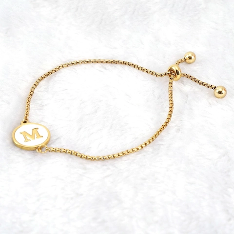 Initial Letter Bracelet 18K Gold Plated Stainless Steel Mother Of Artificial Pearl Round Pendant Adjustable Slider Buckle For Women