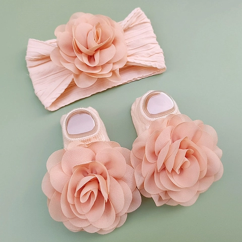 Ensemble Bandeau Et Chaussettes Bébé Fleur Mousseline Coton Tricot Côtelé Élastique Douce Accessoires Cheveux Cadeau
